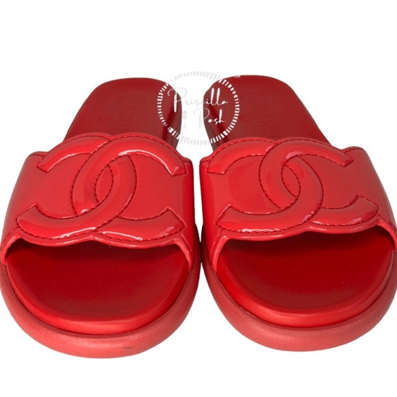 Chanel Red Patent Maxi Cc Logo Mules Slides 35 Red Pink Coral Sandals - Picture 4 of 8